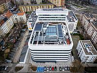 Zielona ściana w hallu budynku pasywnego. Nad prawidłowym nawadnianiem i oświetleniem roślin czuwa elektronika.